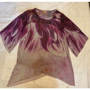 Energe World Wear 3/4 Sleeve Multicolored Sheer Lined Purple Women’s Top Size‎ M